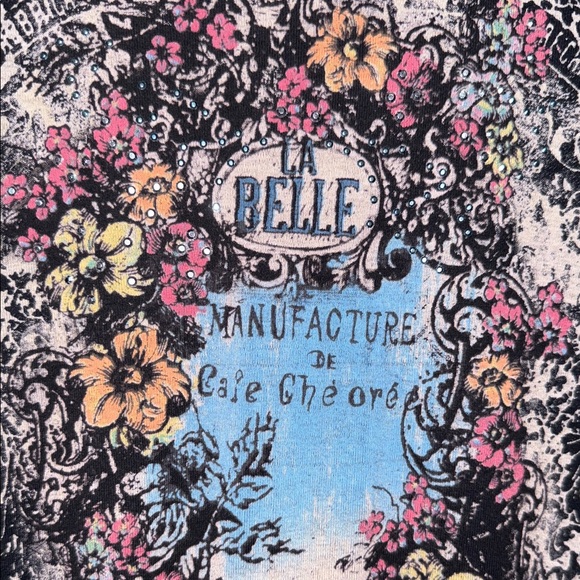 Vanilla Sugar Black tan Blue Graphic 3/4 sleeve Blouse lace Y2K biker chick boho - Picture 3 of 10